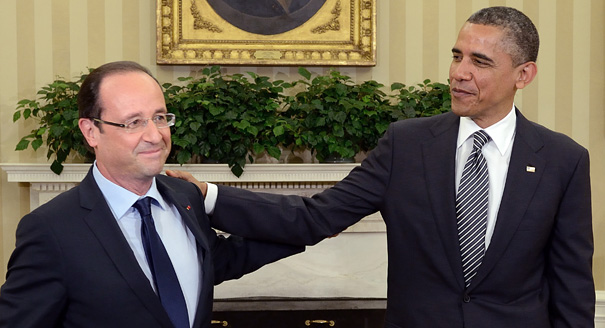 US President Barack Obama (R) shakes hands with French President Francois Hollande in the Oval Office at the White House in Washington, DC, on May 18, 2012 in advance of the G8 and NATO Summits. Obama told French counterpart Francois Hollande during White House talks on Friday that their countries' bilateral relationship is "deeply valued" by Americans. Just three days after being sworn in to replace pro-American president Nicolas Sarkozy, Hollande, a Socialist, held Oval Office talks with Obama focusing on the euro crisis and how to improve growth.  AFP PHOTO/POOL/ERIC FEFERBERG