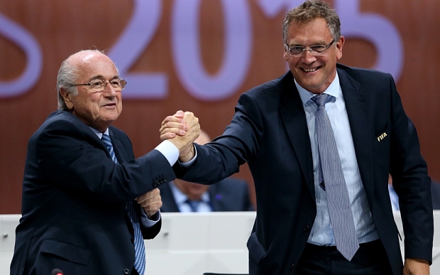 ZURICH, SWITZERLAND - MAY 29:  FIFA Secretary General Jerome Valcke (R) shakes hands with FIFA President Joseph S. Blatter during the 65th FIFA Congress at the Hallenstadion on May 29, 2015 in Zurich, Switzerland.  (Photo by Alexander Hassenstein - FIFA/FIFA via Getty Images)