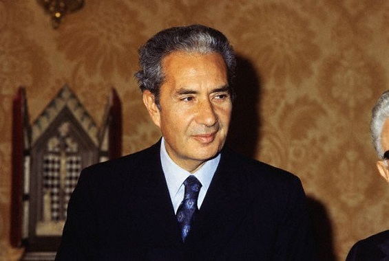 16 Mar 1978, Rome, Italy --- Original caption: Rome: Former Premier Aldo Moro (shown in 3/10/76) file photo, 61, Italy's most influential politician , was savagely kidnapped here and his five bodyguards shot to death by six Red Brigade terrorist's disguised as airline pilots. The kidnapping touched off huge demonstrations for law and order in Rome and other cities, and millions of workers walked off their jobs to protest the murders and the kidnapping and to demand an end to the violence which strikes in Italy on an average of every four hours and six minutes. Labor unions declared a 13-hour strike of protest. --- Image by © Bettmann/CORBIS