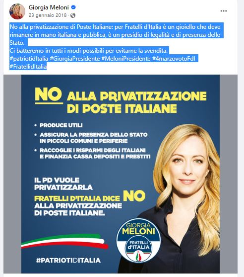 Ma Giorgia Meloni non era contro la privatizzazione delle Poste?